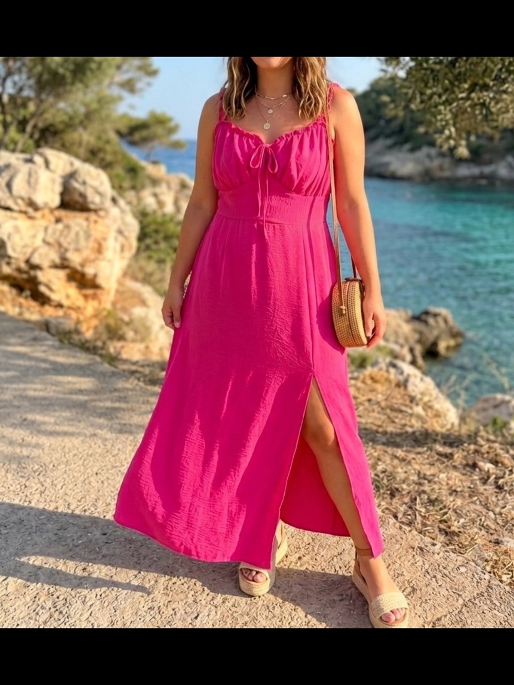 Indulge Bohemian Hot Pink Smocked Midi Dress Tie-Front Slit Size XL Barbiecore